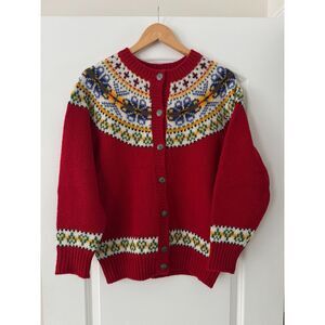 Vintage Susan Bristol 100% Shetland Wool Fair Isle Cardigan Sweater Red Size M